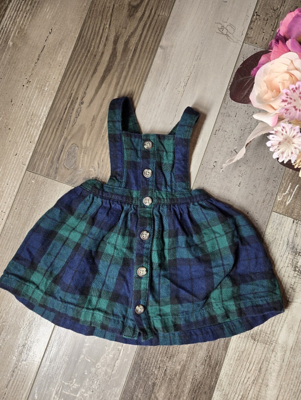 Old Navy Baby Girls Plaid Button-Front Pinafore Dress – Green & Navy – Size 3-6M